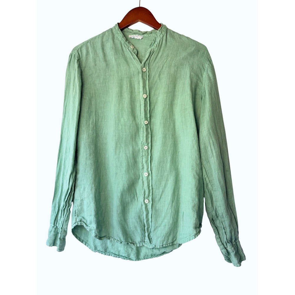 Moraitis Linen Shirt Womens Medium Green Mandarin Collar Long Sleeve Made Greece